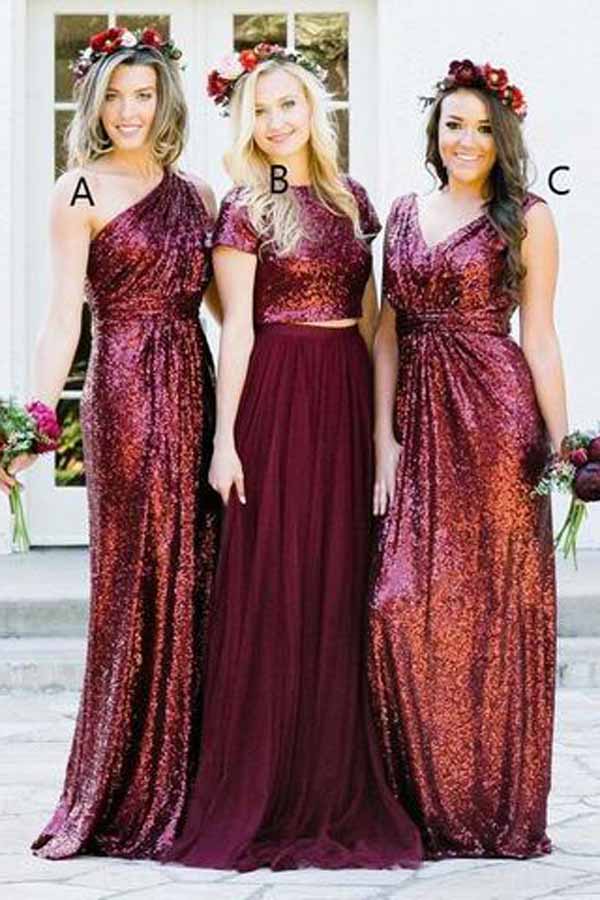 Mismatched Burgundy Sequins Bridesmaid Dresses Wedding Party Dresses, BD86