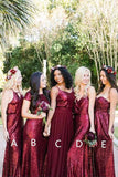 Burgundy Sequins Lace Modest Mismatched Long Bridesmaid Dresses online, BD88