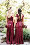 Burgundy Sequins Lace Modest Mismatched Long Bridesmaid Dresses online, BD88 from simidress.com