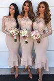 Inexpensive Tea Length Lace Sleeve Nude Off Shoulder Bridesmaid Dresses, BD89