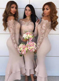 Inexpensive Tea Length Lace Sleeve Nude Off Shoulder Bridesmaid Dresses, BD89 photo c
