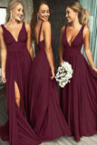 Simple Burgundy A-line Deep V-neck Cheap Bridesmaid Dresses For Wedding, BD90