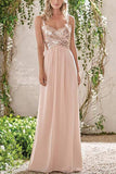 Rose Gold Chiffon A-line Backless Spaghetti Straps Sequins Bridesmaid Dress, BD091