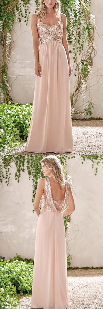 Rose Gold Chiffon A-line Backless Spaghetti Straps Sequins Bridesmaid Dress, BD091 – Simidress