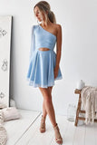 Baby Blue Chiffon One Shoulder Short Homecoming Dresses, Cocktail Dress, SH573