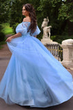 Baby Blue Tulle A-line Floral Princess Off-the-Shoulder Long Prom Dresses, SP751 | baby blue prom dresses | long formal dresses | evening gown | www.simidress.com