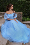 Baby Blue Tulle A-line Floral Princess Off-the-Shoulder Long Prom Dresses, SP751