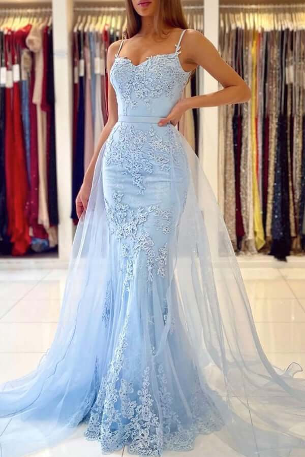 Baby Blue Tulle Lace Mermaid Spaghetti Straps Prom Dresses, Eveing Gown,  SP726