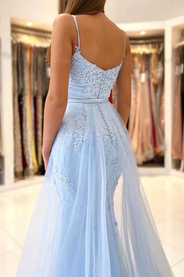 Blue Tulle Lace Mermaid Spaghetti Straps Prom Dress SP726