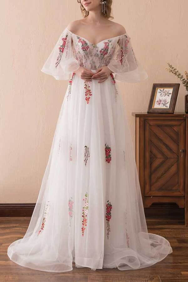 Beautiful A-line Off-the-Shoulder Wedding Dresses, Appliques Prom Dresses, SW524 | tulle wedding dresses | a line wedding dresses | evening gowns | www.simidress.com