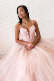 Beautiful A-line V-neck Spaghetti Straps Lace Appliques Long Prom Dresses, SP770 | cheap long prom dresses | pink tulle prom dresses | evening gown | www.simidress.com 