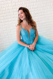 Beautiful A-line V-neck Spaghetti Straps Lace Appliques Long Prom Dresses, SP770 | blue lace prom dresses | evening dresses | party dresses | www.simidress.com