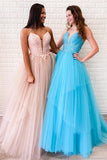 A-line V-neck Spaghetti Straps Lace Appliques Long Prom Dresses, SP770