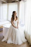 Beautiful A-line V-neck Spaghetti Straps Wedding Dresses With Crystals Belt, SW536 | a line wedding dress | lace wedding dress | vintage wedding dress | www.simidress.com