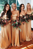 Gold Satin A-line Spaghetti Straps Sweetheart Long Bridesmaid Dresses, BD113