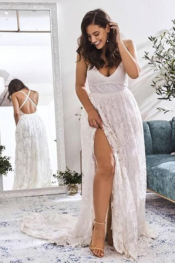 Ivory Lace A-line V-neck Wedding Dresses with Slit, SW417