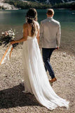 Beautiful Lace A-line Spaghetti Straps Sweep Train Beach Wedding Dresses, SW428 | beach wedding dresses | lace wedding dresses | chiffon wedding dresses | a line wedding dress | www.simidress.com