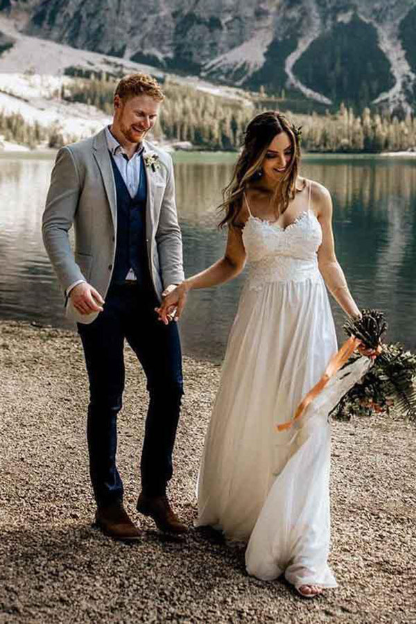 Beautiful Lace A-line Spaghetti Straps Sweep Train Beach Wedding Dresses, SW428 | lace wedding dress | beach wedding dresses | bridal gowns | www.simidress.com