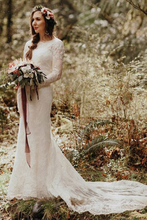 long sleeve crew neck wedding dress Lace Mermaid Round Neck Long Sleeves Wedding Dress, SW419