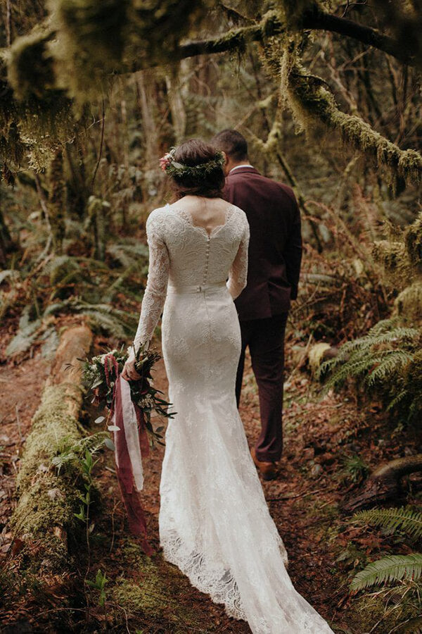 Beautiful Lace Mermaid Round Neck Long Sleeves Wedding Dresses, SW419 | mermaid wedding dress | lace wedding dress | outdoor wedding dress | long sleeves wedding dress | www.simidress.com