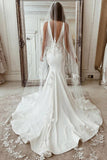 Beautiful Satin Mermaid Deep V-neck Wedding Dresses With Appliques, SW504 | ivory wedding dresses | wedding dresses online | vintage wedding dresses | www.simidress.com
