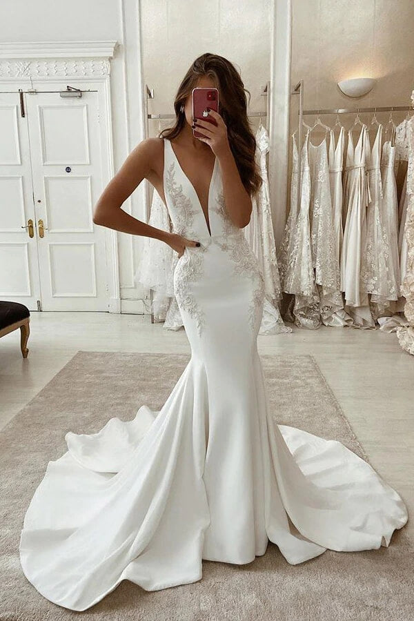 Beautiful Satin Mermaid Deep V-neck Wedding Dresses With Appliques, SW504 | satin wedding dresses | mermaid wedding dresses | v neck wedding dresses | www.simidress.com