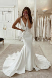 Beautiful Satin Mermaid Deep V-neck Wedding Dresses With Appliques, SW504