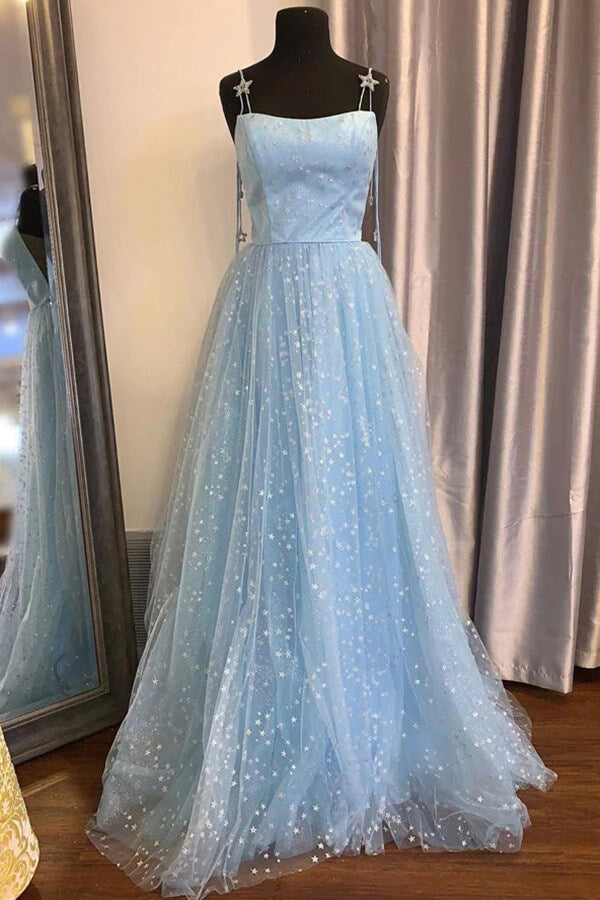 Beautiful Sky Blue Tulle Star A-line Long Prom Dresses, Formal Dresses, SP796 | blue prom dresses | a line prom dress | cheap prom dresses | www.simidress.com