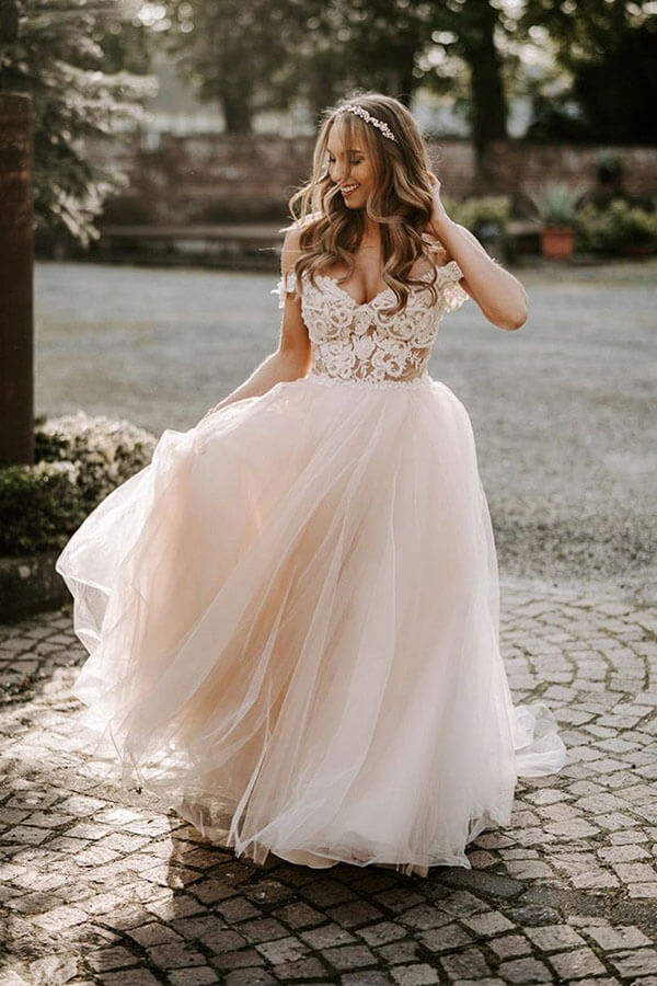 Beautiful Tulle A-line Cap Sleeves Wedding Dresses With Appliques, SW422 | ivory wedding dress | cheap lace wedding dress | bridal gowns | wedding gowns | www.simidress.com