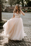 Beautiful Tulle A-line Cap Sleeves Wedding Dresses With Appliques, SW422 | ivory wedding dress | cheap lace wedding dress | bridal gowns | wedding gowns | www.simidress.com
