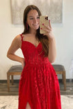 Beautiful Tulle A-line Sweetheart Lace Appliques Prom Dresses With Slit, SP841 | prom dress near me | plus size prom dress | red prom dress | simidress.com