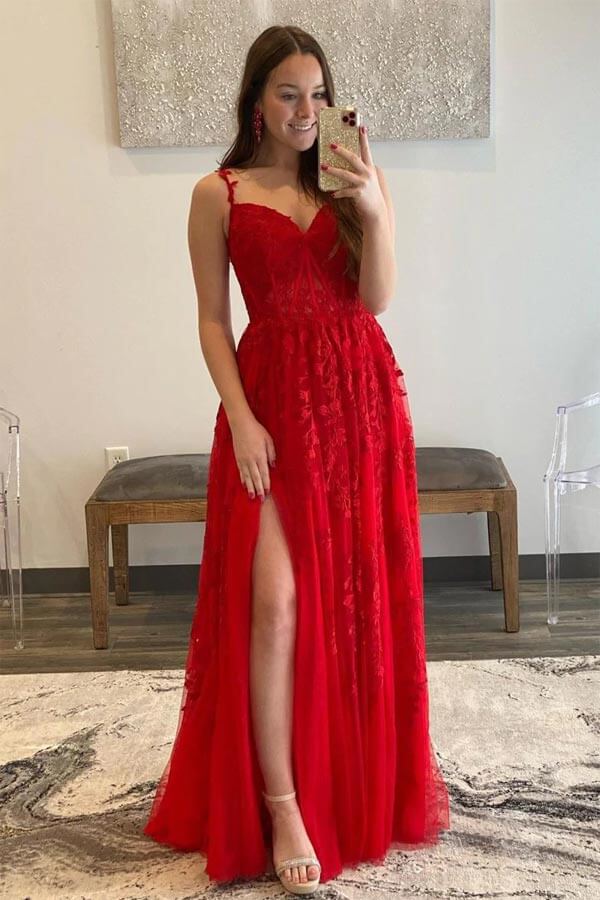 Beautiful Tulle A-line Sweetheart Lace Appliques Prom Dresses With Slit, SP841 | prom dress near me | plus size prom dress | red prom dress | simidress.com