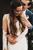 Beautiful Tulle Lace Ivory V-neck Long Sleeves Wedding Dresses, Bridal Gowns, SW453