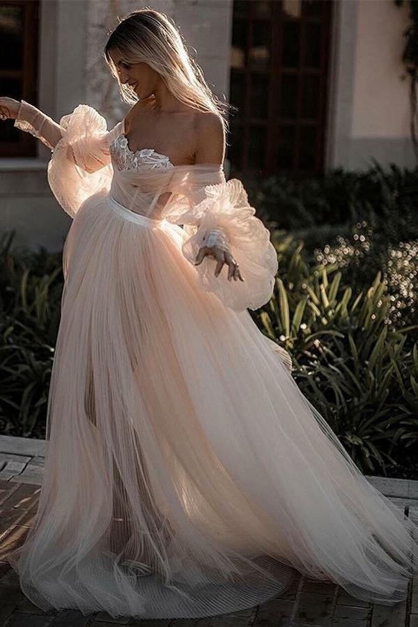 Beautiful Tulle Long Sleeves Backless Beach Wedding Dresses, Bridal Gown, SW483 | tulle wedding dresses | a line wedding dress | cheap wedding dresses online | www.simidress.com