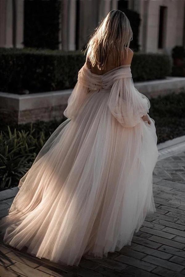Beautiful Tulle Long Sleeves Backless Beach Wedding Dresses, Bridal Gown, SW483 | a line lace wedding dresses | wedding gown | tulle wedding dresses near me | www.simidress.com