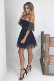 Black A-line Tulle Off-the-Shoulder Homecoming Dresses, Graduation Dresses, SH615 | a line homecoming dresses | short prom dresses | short party dresses | simidress.com
