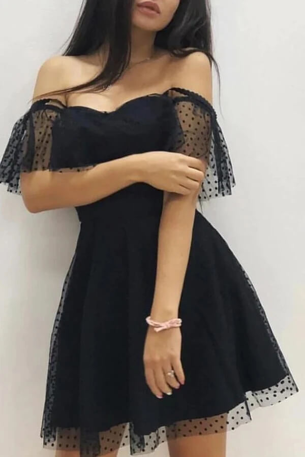 Black A-line Tulle Off-the-Shoulder Homecoming Dresses, Graduation Dresses, SH615 | black homecoming dresses | black short prom dresses | school event dresses | simidress.com