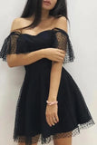 Black A-line Tulle Off-the-Shoulder Homecoming Dresses, Graduation Dresses, SH615 | black homecoming dresses | black short prom dresses | school event dresses | simidress.com