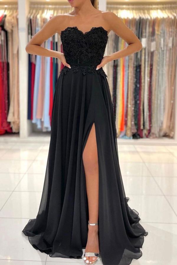 Black Chiffon Lace A-line Sweetheart Prom Dresses SP804