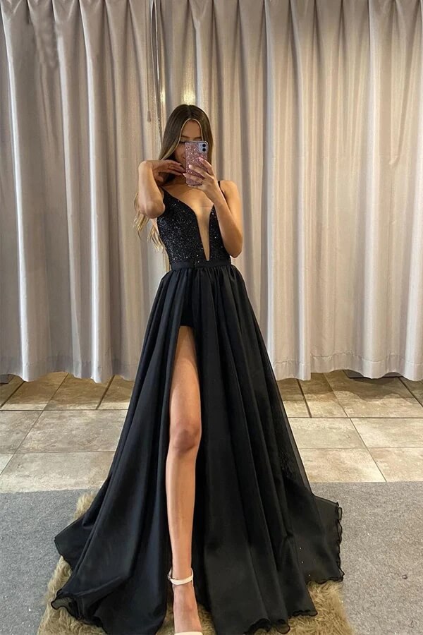 Black Chiffon Sequins A-line V-neck Detachable Skirt Long Prom Dresses, SP933 | black prom dresses | a line prom dresses | simple prom dresses | simidress.com