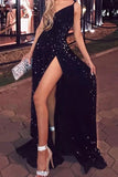 Black Glitter A-line One Shoulder Prom Dresses With Side Split, Evening Dress, SP820 | sequins prom dresses | long formal dresses | party dresses | www.simidress.com