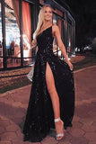 Black Glitter A-line One Shoulder Prom Dresses With Side Split, Evening Dress, SP820