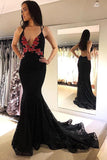 Black Lace Mermaid Backless Spaghetti Straps Prom Dresses, Evening Dress, SP712
