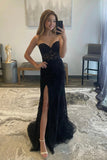 Black Mermaid Strapless Lace Prom Dresses, Evening Dresses With Split, SP852
