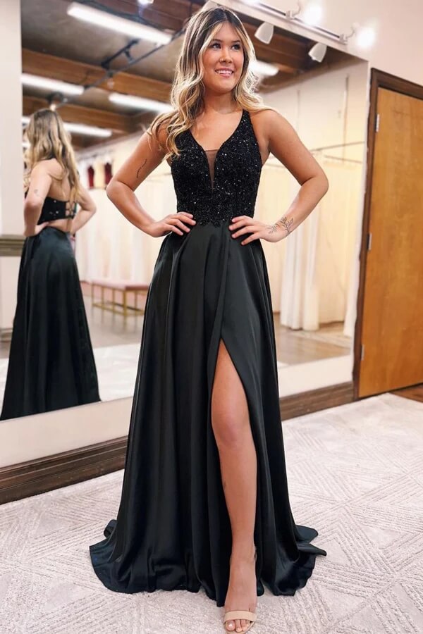 Black Satin A-line V-neck Prom Dresses With Lace, Split Evening Gowns, SP958 | lace prom dresses | simple prom dress | a line prom dress | simidress.com