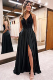 Black Satin A-line V-neck Prom Dresses With Lace, Split Evening Gowns, SP958