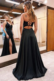 Black Satin A-line V-neck Prom Dresses With Lace, Split Evening Gowns, SP958 | cheap long prom dresses | party dresses | long formal dress | simidress.com