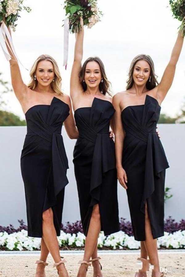 short black bridesmaid dresses Black Sheath Bow Strapless Short Bridesmaid Dresses With Middle Slit, BD116