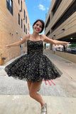 Black Tulle A-line Above Knee Spaghetti Straps Short Homecoming Dresses, SH572 | black homecoming dress | a line homecoming dresses | short party dresses | www.simidress.com