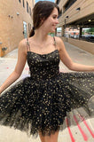 Black Tulle A-line Above Knee Spaghetti Straps Short Homecoming Dresses, SH572 | short prom dresses | graduation dresses | school event dress | www.simidress.com